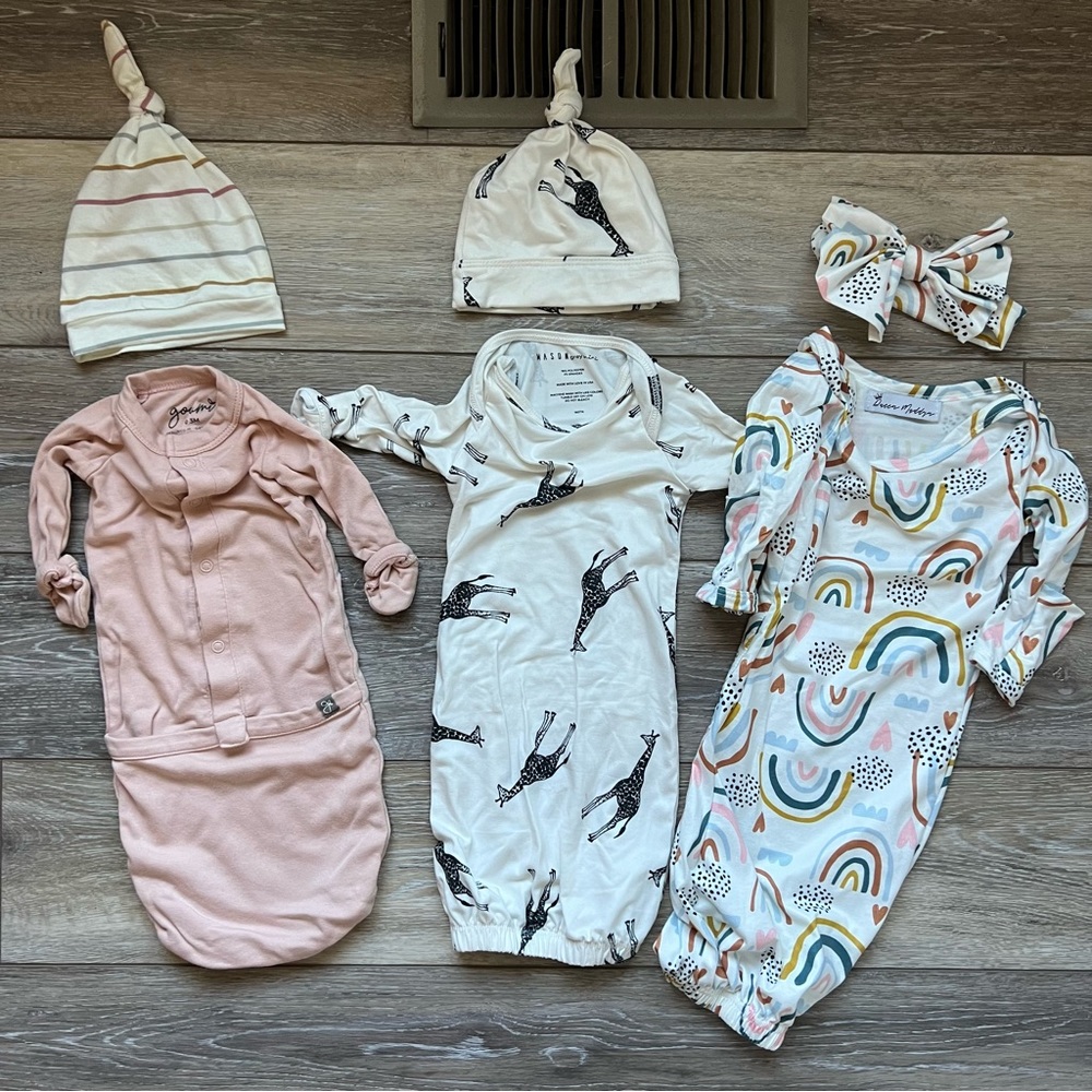 Assorted 0-3M Baby Girl Gowns + Hats (Goumi, Mason Grey, Queen Maddyn)